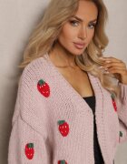 acajo Cardigan Scurt Roz Fără Închidere Decorat cu Aplicații cu Căpșuni Invalina