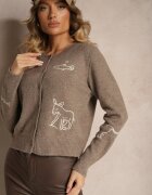 acajo Kardigan Bej închis cu lână cu nasturi cu model brodat Nelyra