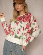 acajo Pulover bej deschis croi larg cu model rustic floral cusut cu fir metalic Saverae