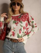 acajo Pulover bej deschis croi larg cu model rustic floral cusut cu fir metalic Saverae