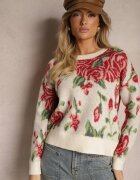 acajo Pulover bej deschis croi larg cu model rustic floral cusut cu fir metalic Saverae