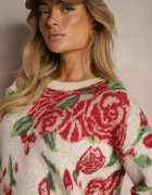 acajo Pulover bej deschis croi larg cu model rustic floral cusut cu fir metalic Saverae
