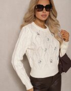acajo Pulover Bej deschis cu flori brodate și model în relief Innara