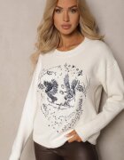 acajo Pulover Bej deschis Decorat cu Model brodat cu Păsări Inarielle