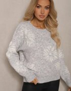 acajo Pulover Clasic Gri deschis din Lână cu Model Decorativ cu Flori Mari Inalissea