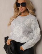 acajo Pulover Clasic Gri deschis din Lână cu Model Decorativ cu Flori Mari Inalissea