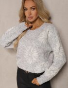acajo Pulover Clasic Gri deschis din Lână cu Model Decorativ cu Flori Mari Inalissea