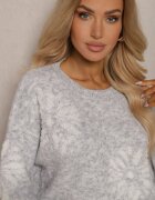 acajo Pulover Clasic Gri deschis din Lână cu Model Decorativ cu Flori Mari Inalissea