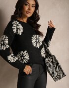 acajo Pulover Clasic Negru din Lână cu Model Decorativ cu Flori Mari Inalissea