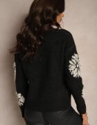 acajo Pulover Clasic Negru din Lână cu Model Decorativ cu Flori Mari Inalissea