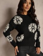 acajo Pulover Clasic Negru din Lână cu Model Decorativ cu Flori Mari Inalissea