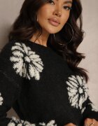 acajo Pulover Clasic Negru din Lână cu Model Decorativ cu Flori Mari Inalissea