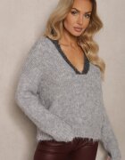 acajo Pulover Gri cu Lână cu Croială Scurtă cu Decolteu Triunghiular Savandoria