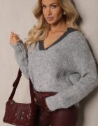 acajo Pulover Gri cu Lână cu Croială Scurtă cu Decolteu Triunghiular Savandoria