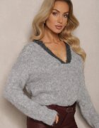 acajo Pulover Gri cu Lână cu Croială Scurtă cu Decolteu Triunghiular Savandoria