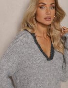 acajo Pulover Gri cu Lână cu Croială Scurtă cu Decolteu Triunghiular Savandoria