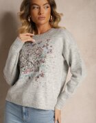 acajo Pulover Gri deschis cu Broderie Colorată în față Inavessa