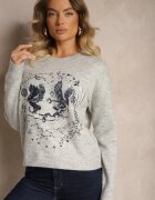 acajo Pulover Gri deschis Decorat cu model brodat cu păsări Inarielle