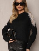 acajo Pulover Negru cu Inserții Transparente cu Zirconii Perle și Paiete cu Lână Tiarinae