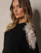 acajo Pulover Negru cu Inserții Transparente cu Zirconii Perle și Paiete cu Lână Tiarinae