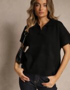 acajo Pulover Negru cu Lână cu Mânecă Scurtă și Decolteu în V cu Guler Tevirna