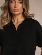 acajo Pulover Negru cu Lână cu Mânecă Scurtă și Decolteu în V cu Guler Tevirna