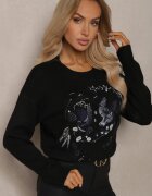acajo Pulover Negru Decorat cu Model Brodat cu Păsări Inarielle