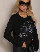 acajo Pulover Negru Decorat cu Model Brodat cu Păsări Inarielle