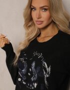 acajo Pulover Negru Decorat cu Model Brodat cu Păsări Inarielle