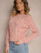 acajo Pulover Roz cu Flori Brodate și Relief Innara