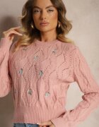 acajo Pulover Roz cu Flori Brodate și Relief Innara