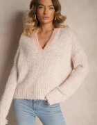 acajo Pulover Roz cu lână cu croială scurtă cu decolteu triunghiular Savandoria