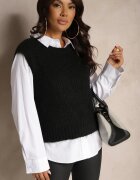acajo Vestă tip pulover Neagră din Lână din Material Reiat Titheora