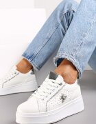  Adidași Alb-Argintiu cu Talpă Groasă cu Decor Brocart Pirola