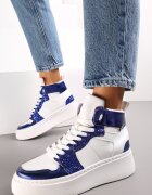  Adidași Alb-Bleumarin cu șireturi peste gleznă cu sclipici și inserții metalice Sareena