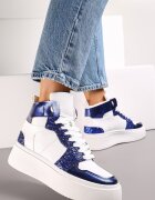  Adidași Alb-Bleumarin cu șireturi peste gleznă cu sclipici și inserții metalice Sareena
