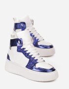  Adidași Alb-Bleumarin cu șireturi peste gleznă cu sclipici și inserții metalice Sareena