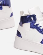  Adidași Alb-Bleumarin cu șireturi peste gleznă cu sclipici și inserții metalice Sareena