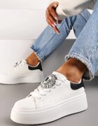  Adidași Alb-Negru cu Talpă Groasă cu Aplicație Decorativă de Piatră Danthia