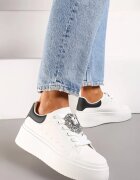  Adidași Alb-Negru cu Talpă Groasă cu Aplicație Decorativă de Piatră Danthia