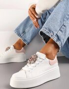  Adidași Alb-Roz cu Talpă Groasă cu Aplicație Decorativă de Piatră Danthia