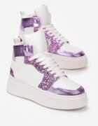  Adidași Alb-Violet cu șireturi până la gleznă cu sclipici și inserții metalice Sareena