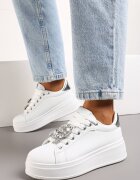  Adidași Albi-Argintii cu Platformă și Aplicații Bijuterii Detașabile pe Șireturi Tamaki