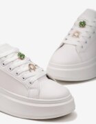  Adidași Albi-Aurii decorați cu zirconii și flori pe talpă groasă Rainasse