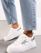  Adidași Albi Cu Șireturi pe Platformă Joasă Cu Inserții Cu Sclipici Cominia