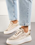 Adidași Bej închis cu ornamente din tweed și cusături pe platformă Ulandrelia
