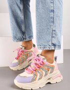  Adidași bej și violet cu șireturi cu platformă decorați cu sclipici Ewla