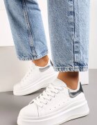  Adidași cu șireturi Albi-Argintii din Imitație de Piele cu Platformă Filamena