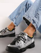 Adidași cu șireturi Argintii cu talpă plată cu inserții metalice și zirconii Ciedra