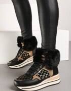  Adidași Negri cu platformă cu inserții metalice și blană Miavora